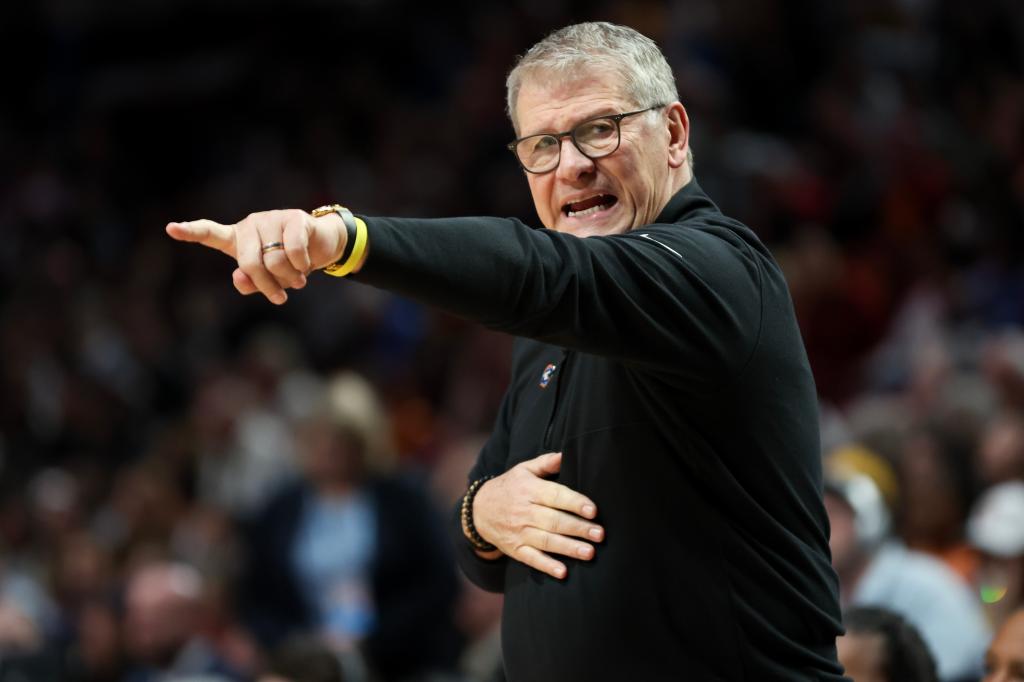 Head coach Geno Auriemma of the Connecticut Huskies yells during the first half against the Duke Blue Devils in the Sweet 16 round of the NCAA Women's Basketball Tournament at Moda Center on March 30, 2024 in Portland, Oregon. 