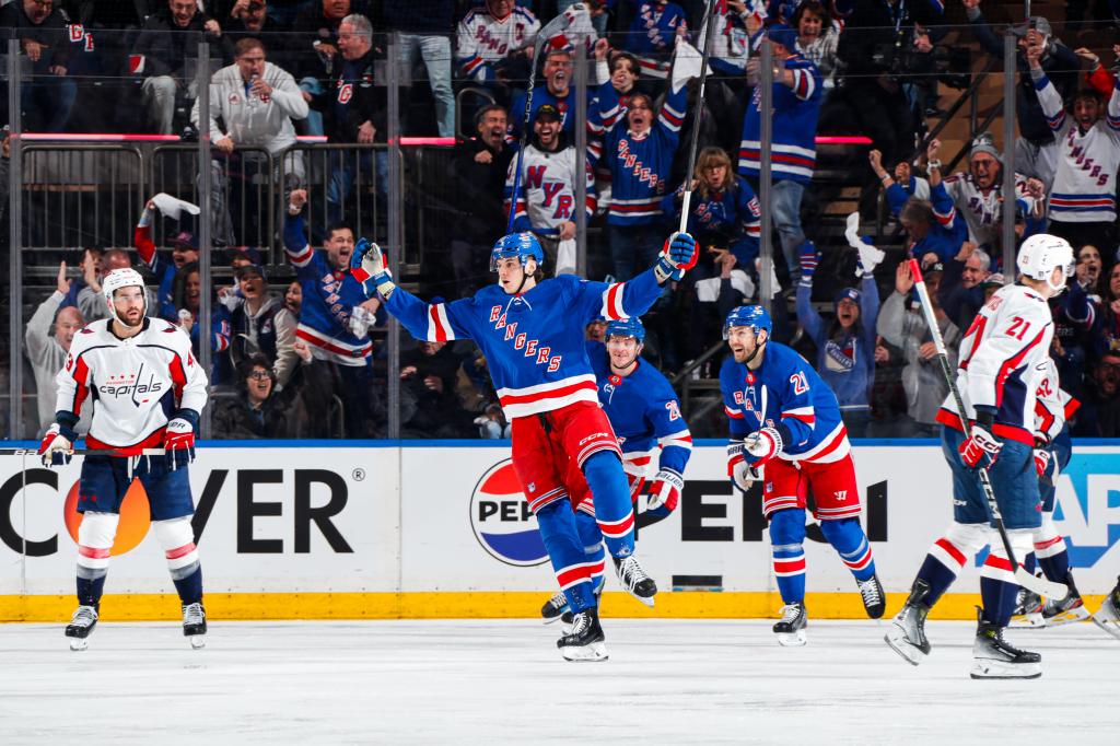 Matt Rempe #73 of the New York Rangers celebrates after scoring a goal in the second period against the Washington Capitals in Game One of the First Round of the 2024 Stanley Cup Playoffs at Madison Square Garden on April 21, 2024 in New York City.