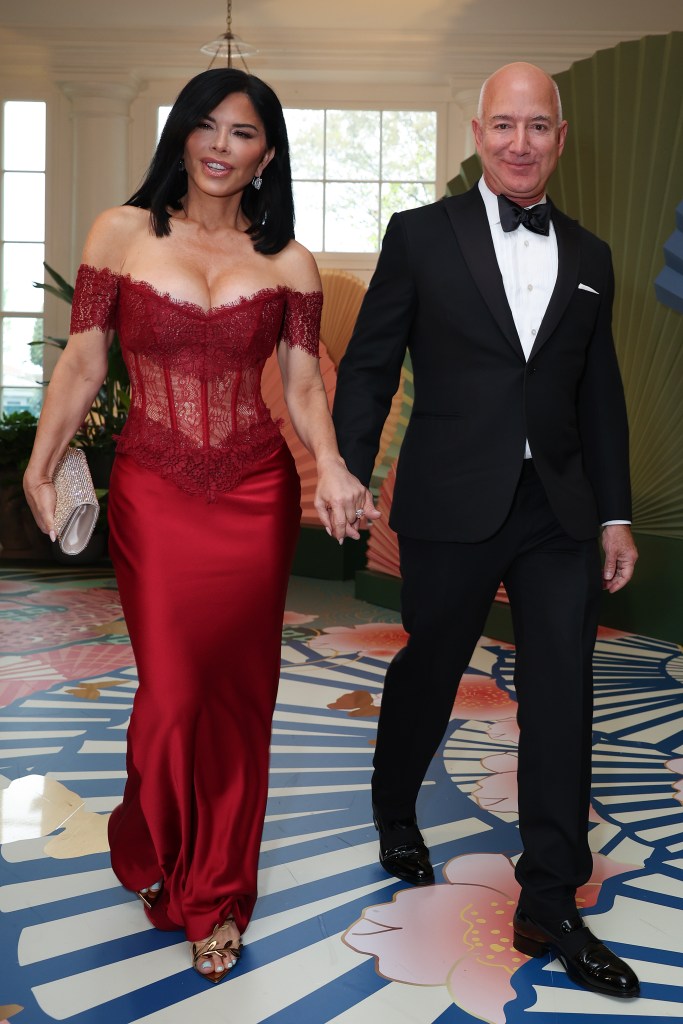 Jeff Bezos and his fiancee Lauren Sanchez arriving at the White House for a state dinner, April 10, 2024