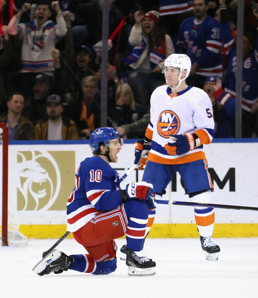 YORK - APRIL 13: Artemi Panarin #10 of the New York Rangers celebrates his third period game-tying goal against the New York Islanders at Madison Square Garden