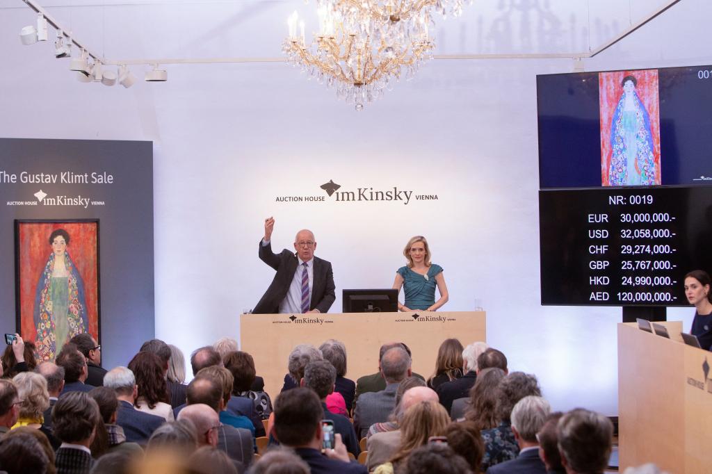 Auctioneer Michael Kovacek sells the Gustav Klimt painting "Portrait of Miss Lieser" for 30,000,000 Euros during the auction in Vienna on April 24, 2024.