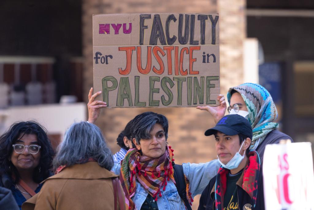 New York University students set up a "Liberated Zone" tent encampment in Gould Plaza at NYU Stern School of Business.