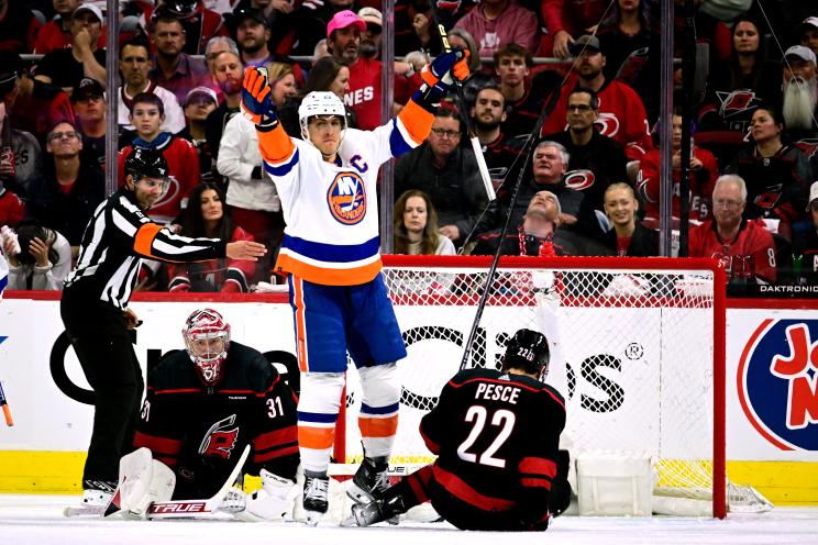 Anders Lee #27 of the New York Islanders celebrates after scoring a goal against the Carolina Hurricanes during the second period in Game Two of the First Round of the 2024 Stanley Cup Playoffs at PNC Arena on April 22, 2024 in Raleigh, North Carolina.