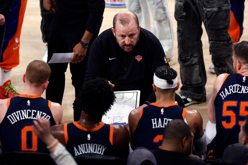 Head coach Tom Thibodeau of the New York Knicks talks with his team during the first half against the Philadelphia 76ers in Game Two of the Eastern Conference First Round Playoffs at Madison Square Garden on April 22, 2024 in New York City. 