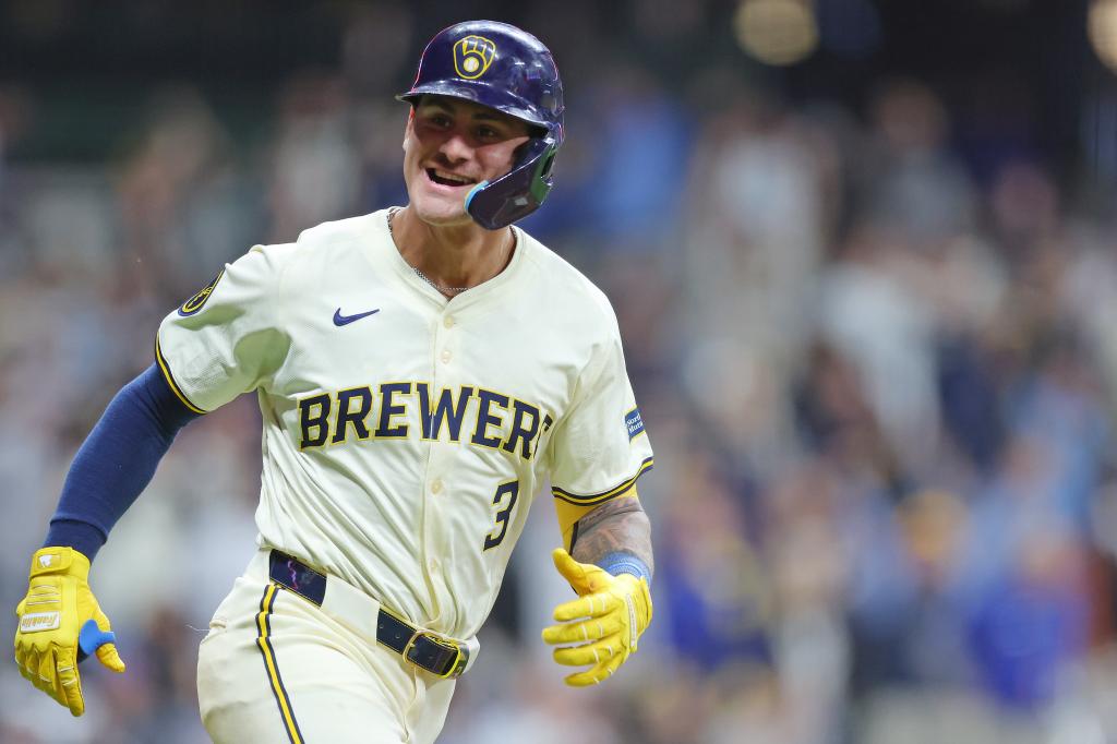 Joey Ortiz #3 of the Milwaukee Brewers reacts to a walk off single during the eleventh inning against the New York Yankees at American Family Field on April 26, 2024