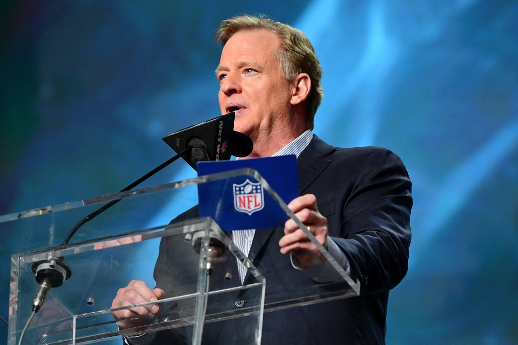 NFL commissioner Roger Goodell speaks during the first round of the 2022 NFL Draft at the NFL Draft Theater. 