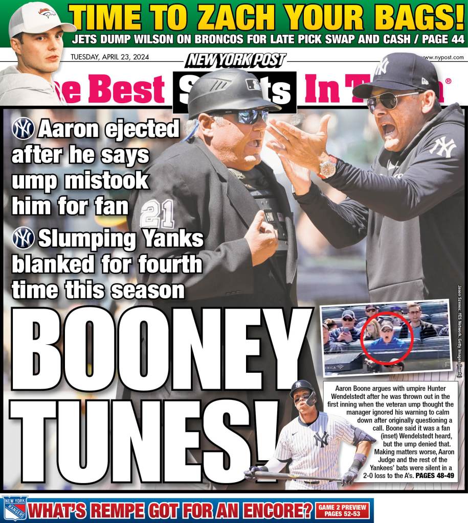 BOONEY TUNES: The back page of the New York Post on Monday, April 22, 2024.