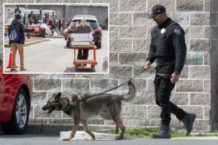 MSA security guard walking a dog outside of Home Depot in New Rochelle and a migrant approaching a customer outside of the Home Depot in Throggs Neck, The Bronx, while the customer waves him off