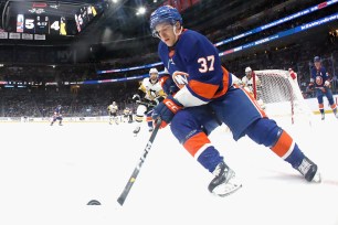 Ruslan Iskhakov of the Islanders skates in his first NHL game against the Penguins at UBS Arena on April 17, 2024. 
