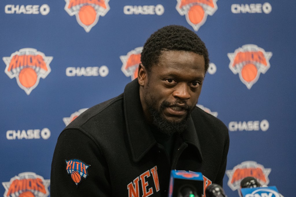 Julius Randle #30 of the New York Knicks speaks to members of the media during a press conference at Knicks training facility in Tarrytown, New York on Feb. 21, 2024.  