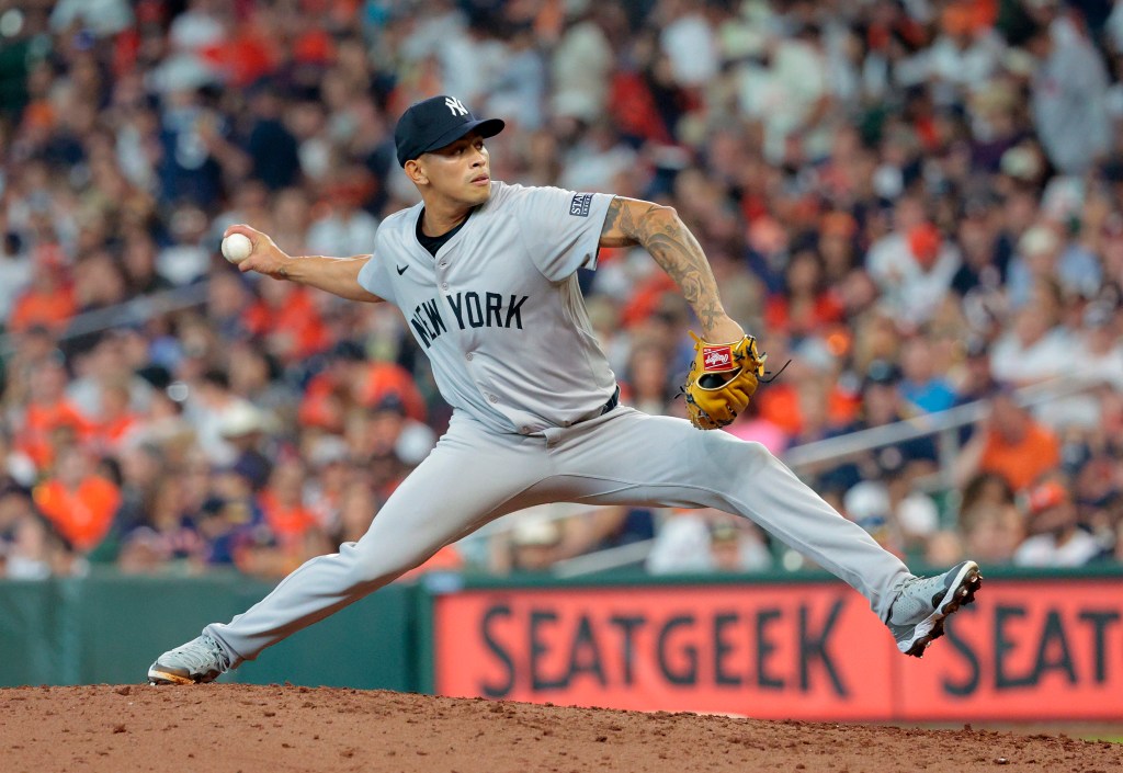 Jonathan Loaisiga #43 of the New York Yankees throws a pitch during the sixth inning.