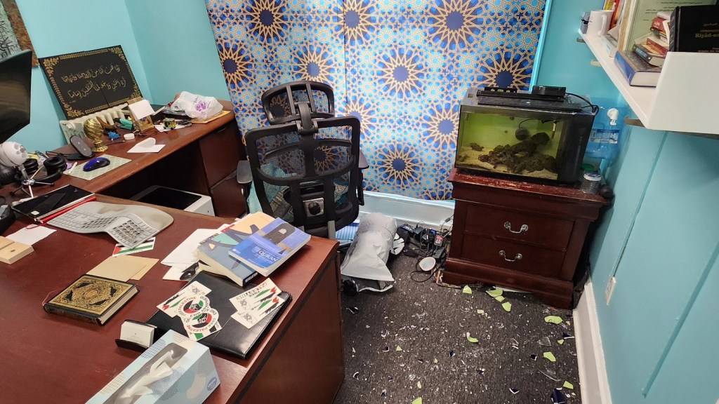 An office located in the Center for Islamic Life at Rutgers University is also seen trashed and vandalized. 