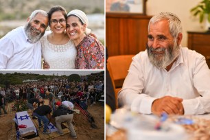composite photo, upper left: haim ben arye and his widow irit with an unidentified family member; lower left, coffins being lowered into the ground during funerals in the kibbutz; right, haim sitting at a table in a white button down shirt, smiling;