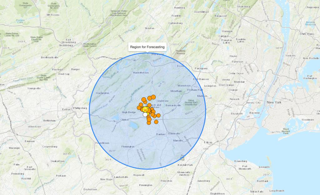 A map illustrating aftershock areas around Whitehouse Station, New Jersey following the reported earthquake, marked with orange and white circles.