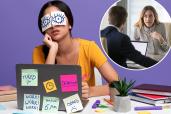 woman sitting at a desk with a laptop, another woman nearby with sticky notes on her eyes, in a context related to an Indeed survey on employer engagement