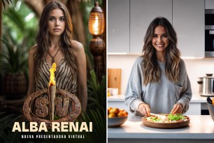 (Left) AI influencer Alba Renai as host on "Survivor." (Right) AI influencer Alba Renai in the kitchen.