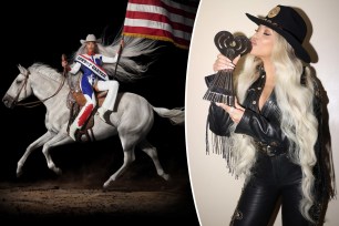 The cover of "Cowboy Carter" and Beyoncé with her Innovator Award at the iHeartRadio Music Awards.