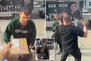 Viral video shows Queens man Carlos Mejia setting a trap for a porch pirate with decoy packages and catching a suspected thief (left) red-handed