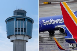 Southwest Flight 147 from Nashville to New York City flew off course on its final approach and had to be diverted to Baltimore after a close call with LaGuardia Airport's air traffic control tower (left)