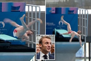 French Olympian Alexis Jandard took an epic caught-on-video spill (left and right) when he tumbled into the water during the opening of a new aquatic center in Paris, which was attended by President Emmanuel Macron (inset)