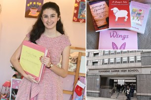 Kristina Raevsky holding binder portfolio showcasing some of her work, standing in bedroom weaaring pink dress and smiling at camera; top right shows the several books she has written; bottom right shows Townsend Harris High School exterior, where she didn't get accepted.