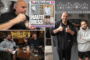 comp of fetterman and levine posing outside 11 madison, and the haute mess NYPost cover