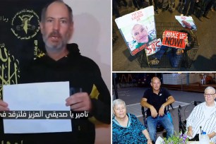 Elad Katzir in a video screen grab holding a paper while held hostage; a man in a cage with posters calling for Katzir release; Hanna Katzir, Elad Katzir, and Avraham Katzir, all seated