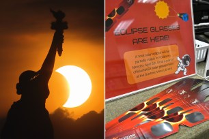 Image of eclipse happening behind statue of liberty, left; eclipse glasses being sold at right