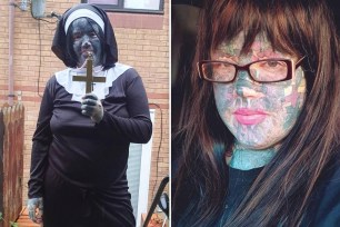 A mother-of-seven with a crucifix tattoo on her face was allegedly kicked out of a church.