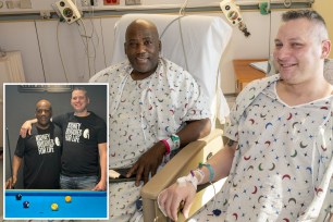 Russ Redhead and James Harris Jr. in the hospital, main. Them wearing "Kidney buddies for life" shirts, inset.