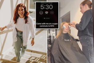 (Left)Hairdresser Kaitlin Jay, 30. (Right) Hairdresser Kaitlin Jay doing hair (Inset) Jay's 5:30 a.m. alarm.