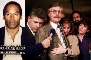 From (L) to (R): OJ Simpson's mug shot from Los Angeles in 1994, In this Feb. 4, 1997 file photo, Fred Goldman, center, is hugged by his attorney Daniel Petrocelli, left, and daughter Kim, as his wife Patti, right, looks on, following the verdict in the wrongful death civil suit against O.J. Simpson in Santa Monica, California