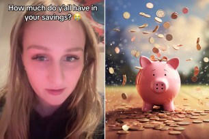 A woman taking a selfie with a piggy bank