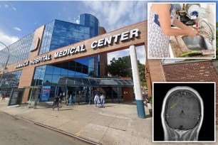 Exterior of Jamaica Hospital Medical Center, person cleaning in a kitchen sink, scan of a brain infected with tapeworm larvae cysts.