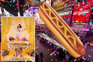 A composite photo of two Brooklyn-based artists and an artist's rendering of a 65-foot hot dog coming to Times Square.