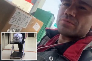 Inset of LifePort kidney transporter device being wheeled on cart at right; main photo a screenshot from video of a man who found a LifePort package, holding it in selfie view