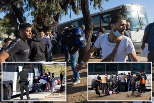 Migrants are dropped off by Border Patrol at the Iris Transit Center in San Diego, California