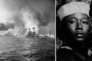 Composite image: at left is USS California burning in the floating dry dock; at right is David Walker.