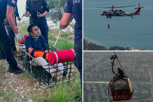 At left, man being rescued after gondola crash, seen being pulled in basket by rescue workers; at right, two images showing helicopters making rescues