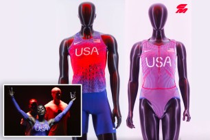 The US track uniforms, main. An athlete displaying the uniform at the Paris Nike event.