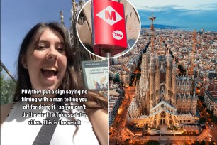 collage of a woman taking a selfie in front of the Sagrada Familia Station in Barcelona and the metro station and the church
