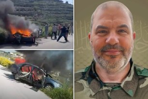 Ismail Yusaf Baz (right), commander of Hezbollah’s coastal sector, was killed in an Israeli airstrike that targeted his car (left) as it was traveling on a road in Lebanon