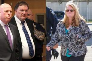 rex heuermann on left in court, and on right his estranged wife Asa walking through the court's parking lot