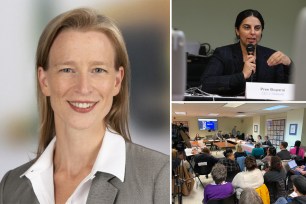 Allyson Bowen headshot, left; Pree Boparai speaking into microphone at top right; crowd gathered at CEC meeting, bottom right