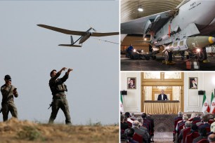 Israeli soldiers launching drone, Israeli warplane armed with missile, Iranian official speaking to crowd.