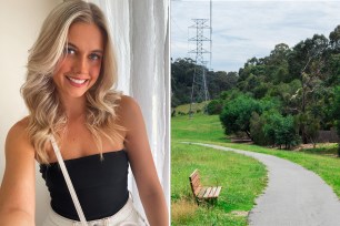 A woman standing next to a bench