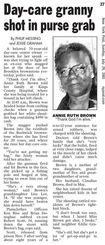 The story of Annie Brown's shooting in this clip from the July 29, 2001, edition of The Post. 