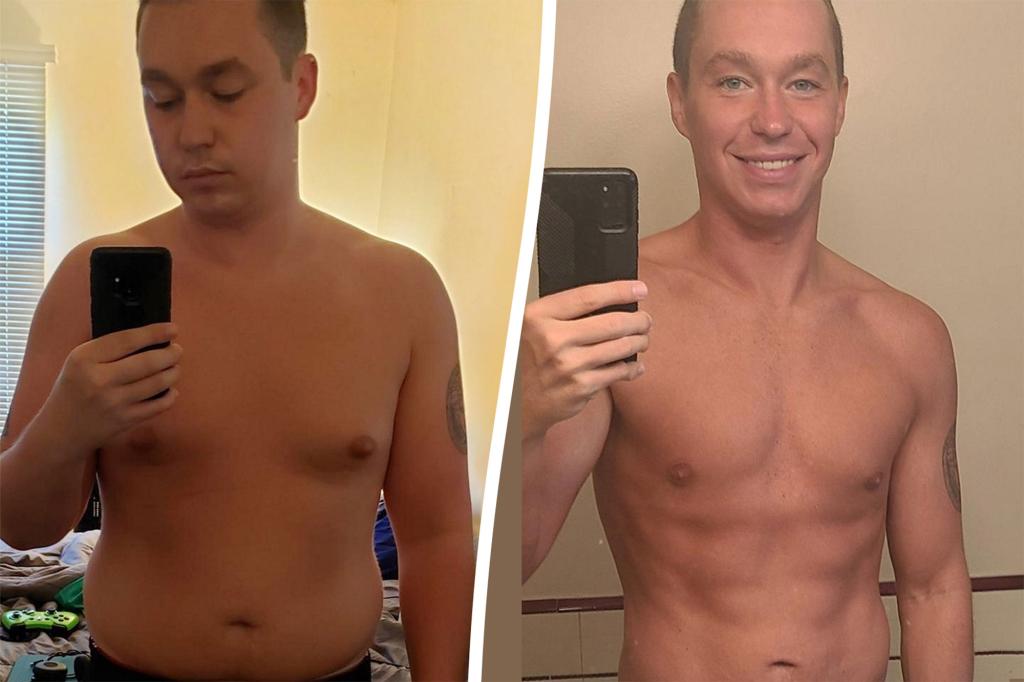 A man taking a selfie, showing his weight loss transformation from a size 42 waist to a size 28