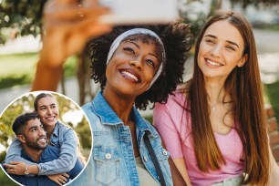 women smiling together and woman and man smiling together