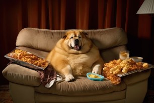 The Lazy Guy and his Unhealthy Lifestyle: A Fat Dog, Couch Potato on the Sofa, Eating Popcorn and Chocolate, Fell Asleep Watching Television. Generative AI